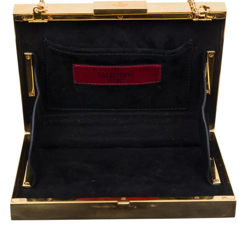 Valentino Striped Enamel and Gold Plated Box Minaudiere Clutch on Chain Black Enamel Very good - Model View