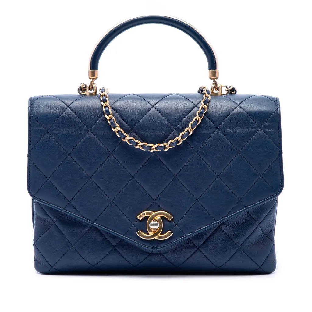 Chanel CC Quilted Calfskin Metal Top Handle Envelope Flap Blue Leather Very good - Front View