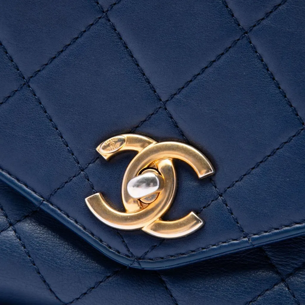 Chanel CC Quilted Calfskin Metal Top Handle Envelope Flap Blue Leather Very good - Box View