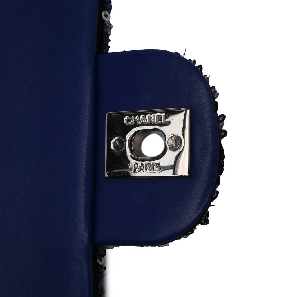 Chanel Medium Classic Sequin Single Flap Blue Very good - Box View
