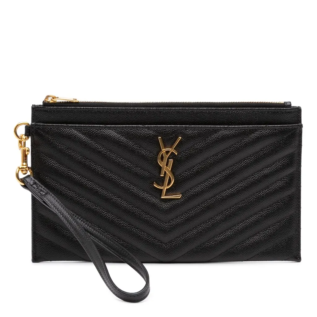 Saint Laurent Large Grain De Poudre Matelasse Cassandre Zip Pouch Black Leather Very good - Front View