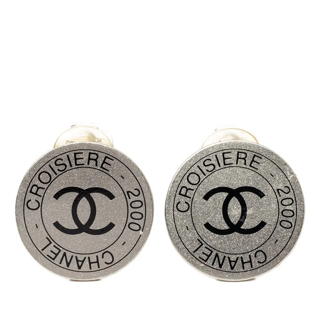 Chanel CC Brass Croisiere Round Clip On Earrings Silver Brass Very good - Front View