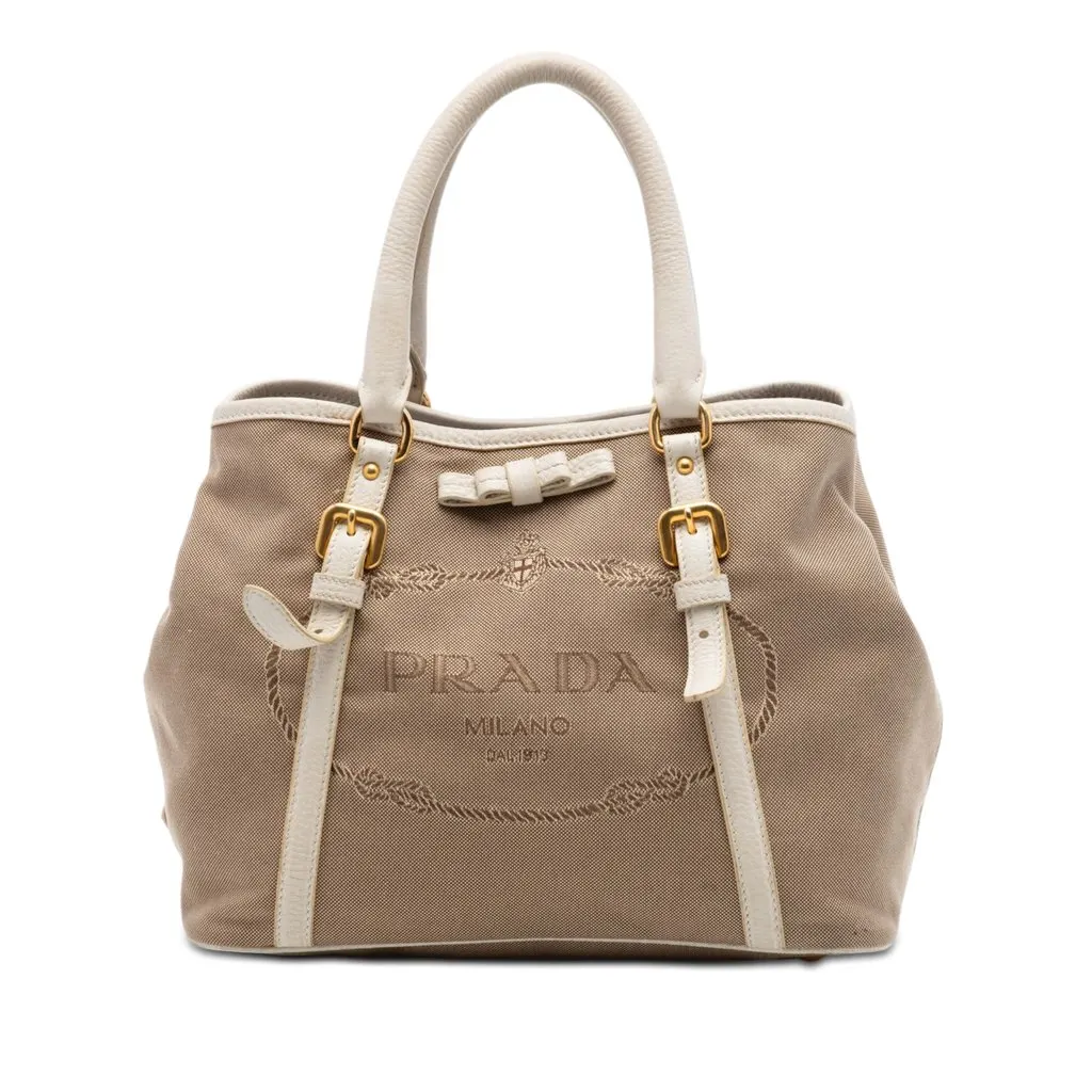 Prada Canvas Canapa Logo Bow Satchel Beige Very good - Front View