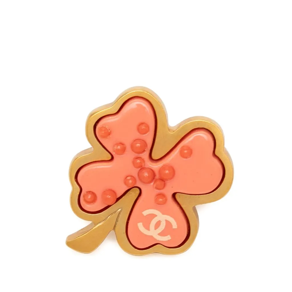 Chanel Gold Plated Resin Four Leaf Clover Brooch Gold Metal Very good - Front View