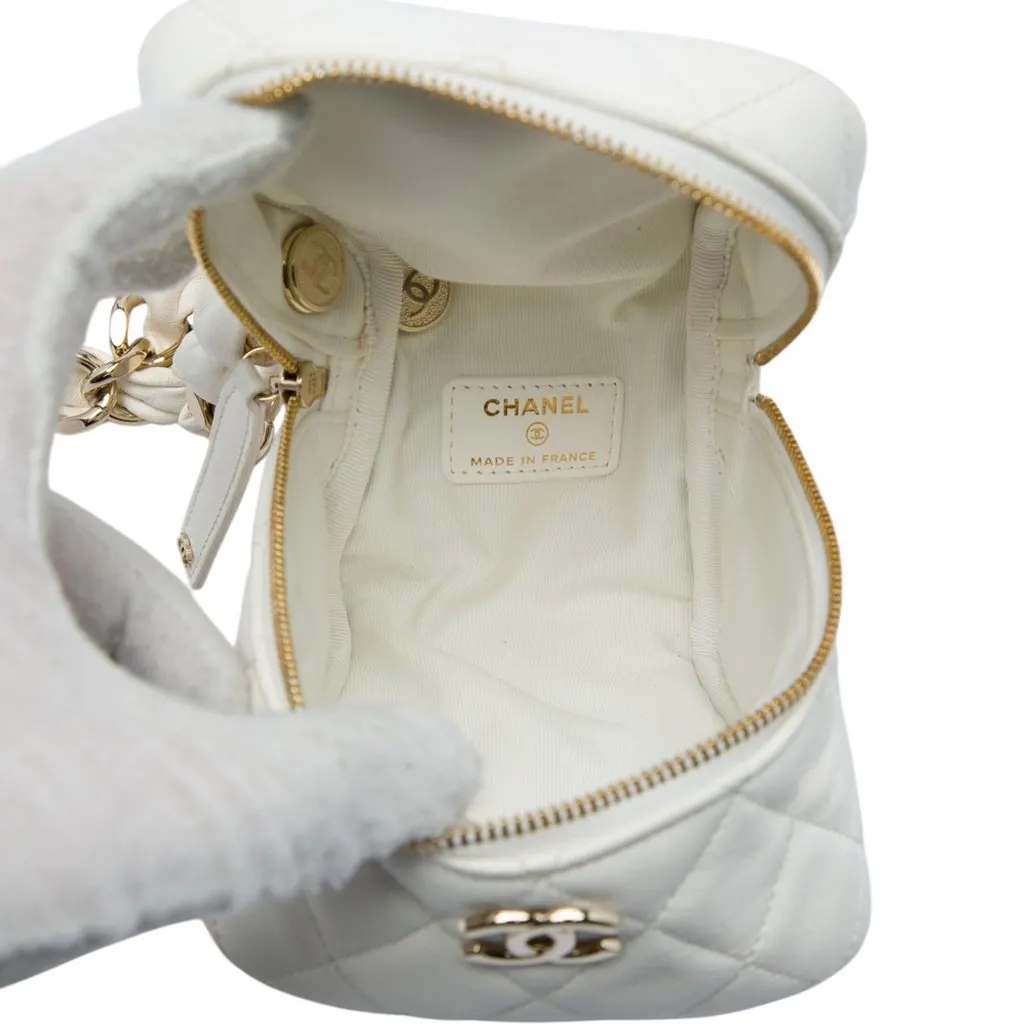 Chanel CC Quilted Lambskin Cube Zip Clutch with Chain White Leather Good - Model View