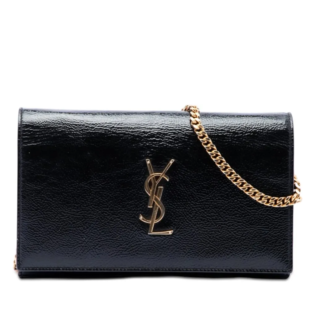 Saint Laurent Textured Patent Monogram Kate Wallet on Chain Black Leather Very good - Front View