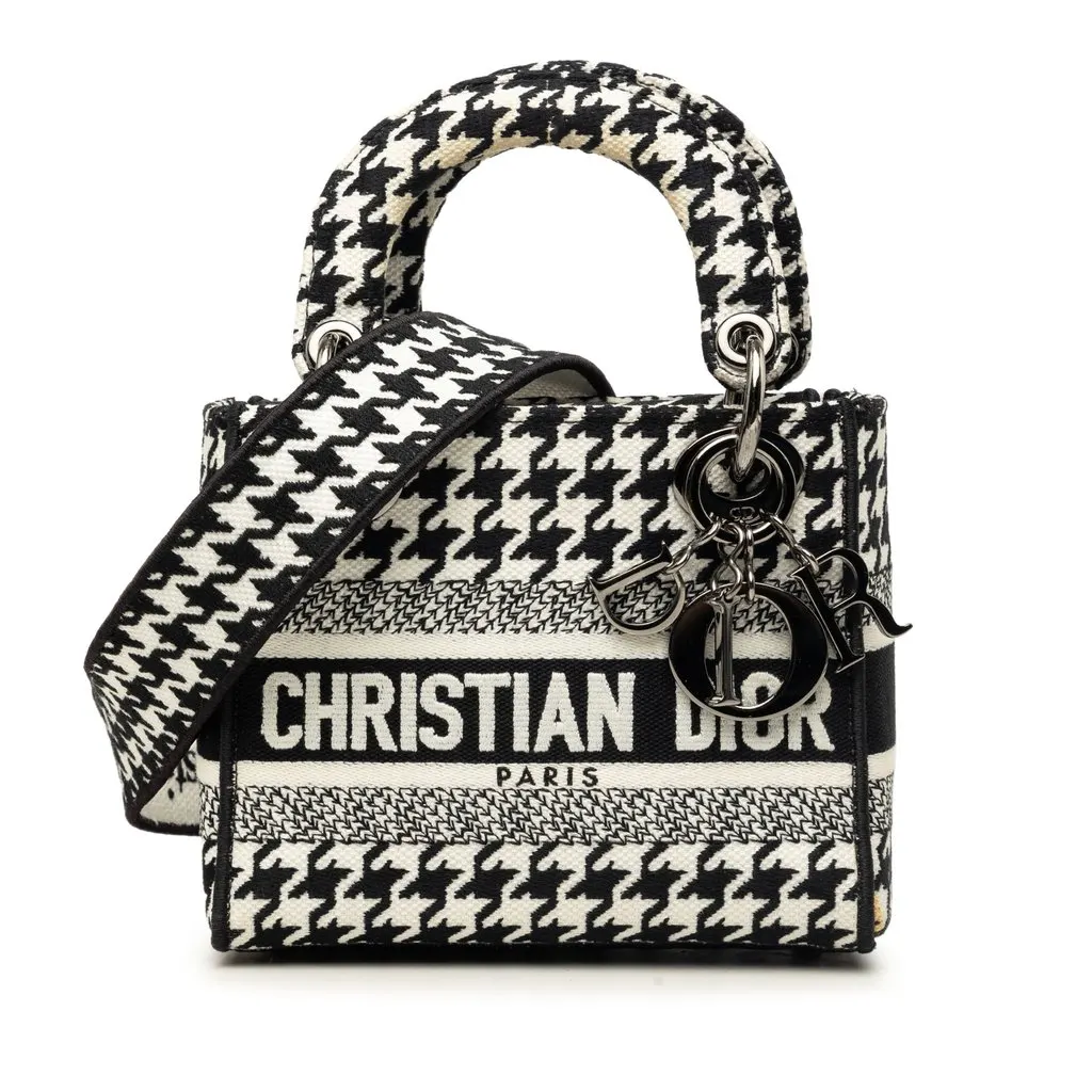 Dior Mini Embroidered Canvas Houndstooth Lady D Lite White Very good - Front View