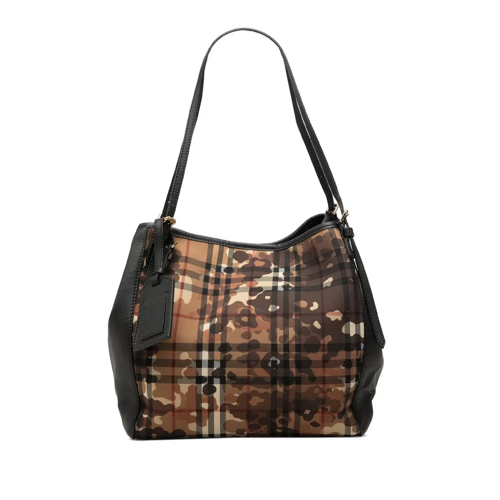 Burberry Small Haymarket Check Canvas and Calfskin Camouflage Canterbury Tote Black Canvas Very good - Front View