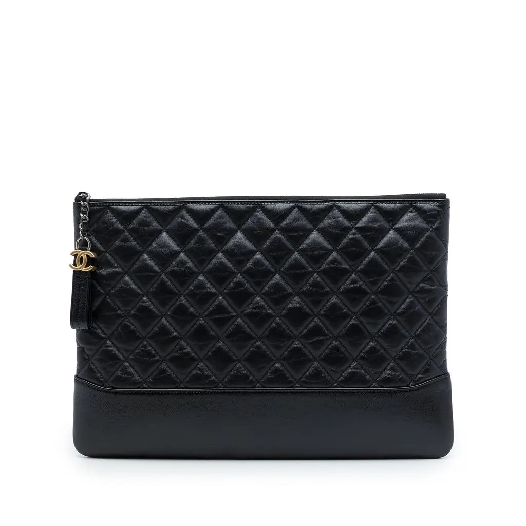 Chanel Large Aged Calfskin Gabrielle O Case Clutch Black Leather Very good - Front View