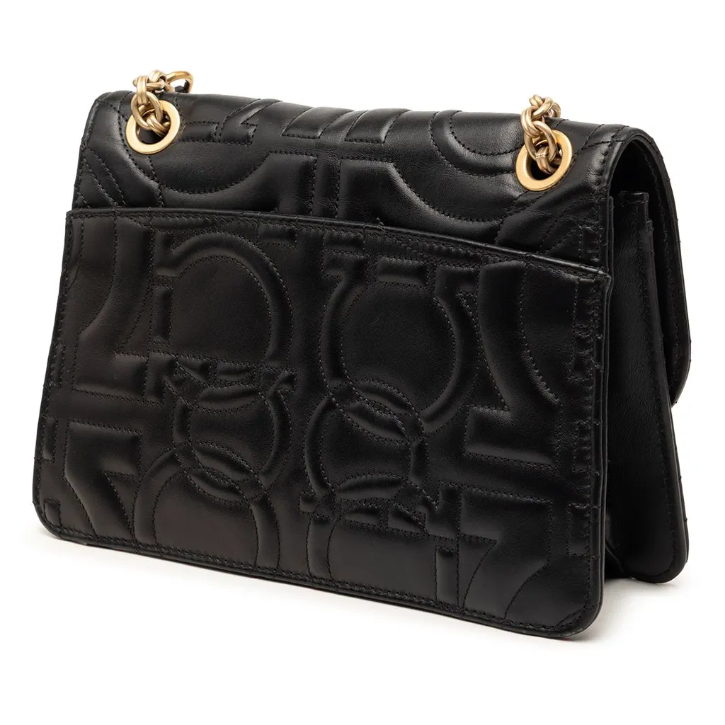Salvatore Ferragamo Quilted Leather Gancini Flap Shoulder Bag Black Leather Very good - Back View