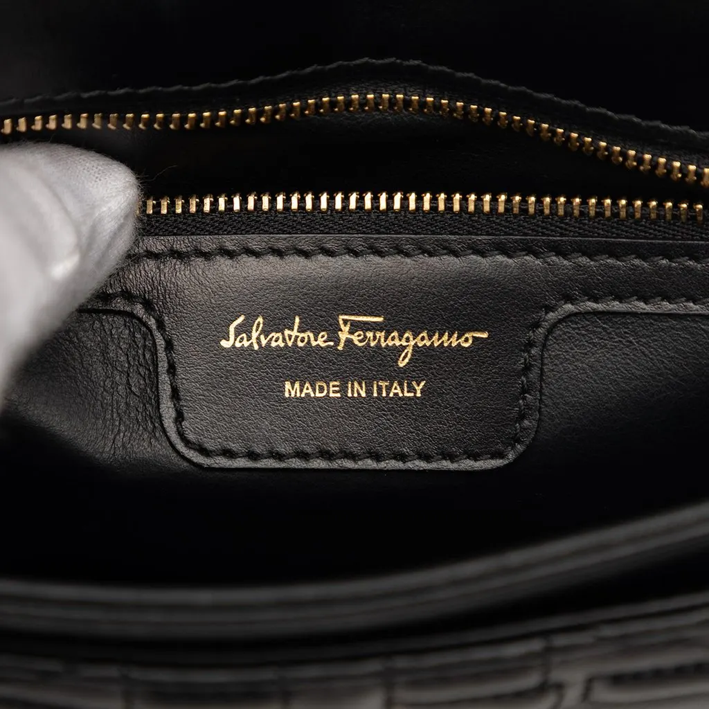 Salvatore Ferragamo Quilted Leather Gancini Flap Shoulder Bag Black Leather Very good - Box View