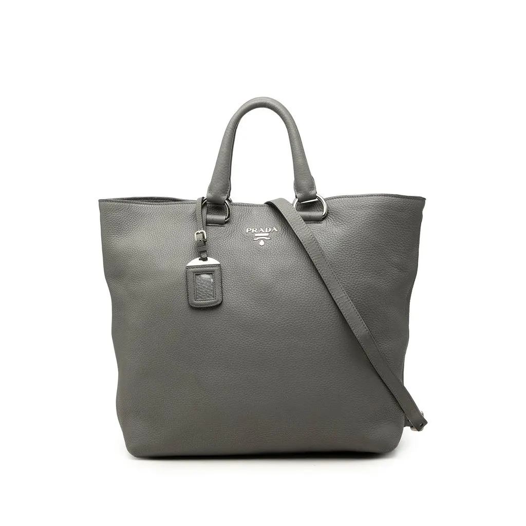 Prada Vitello Daino Open Convertible Tote Grey Leather Good - Front View