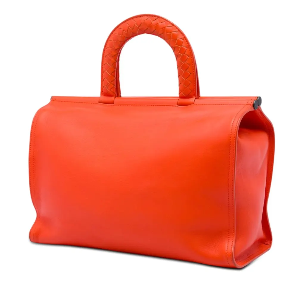 Bottega Veneta Leather Intrecciato Frame Top Handle Bag Orange Leather Very good - Back View