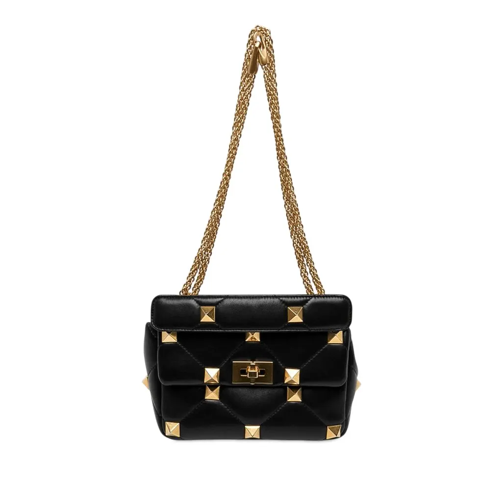 Valentino Medium Nappa Roman Stud Satchel Black Leather Good - Front View