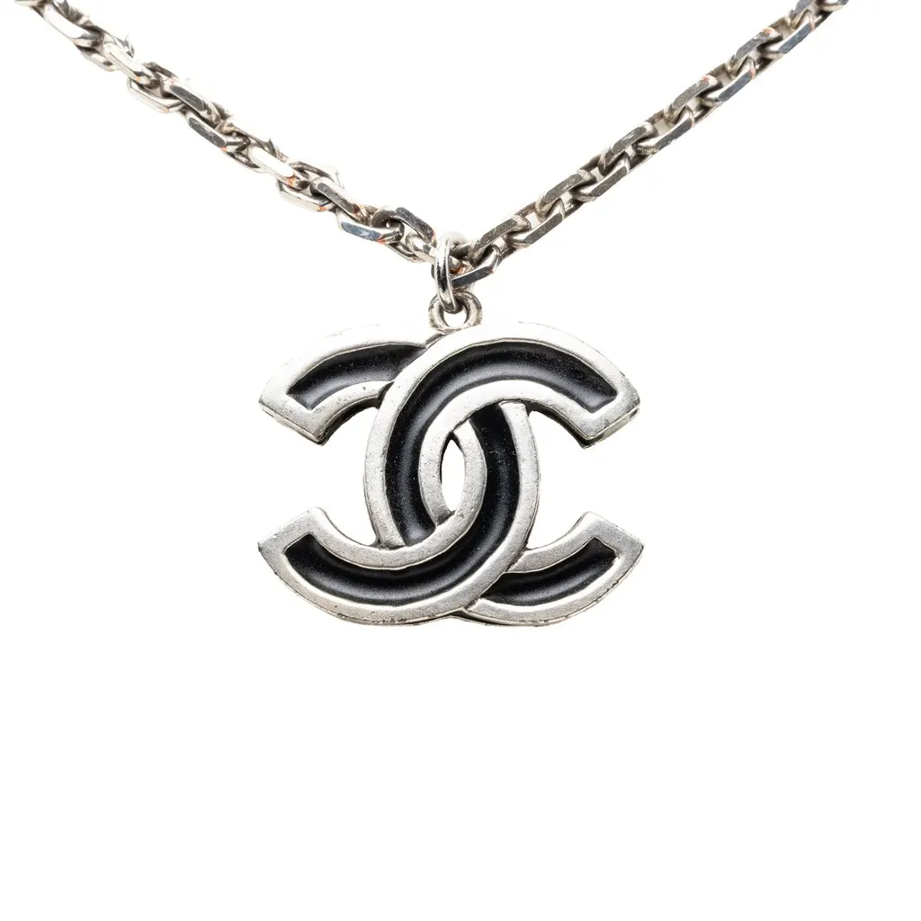 Chanel CC Brass Enamel Pendant Necklace Silver Metal Very good - Front View