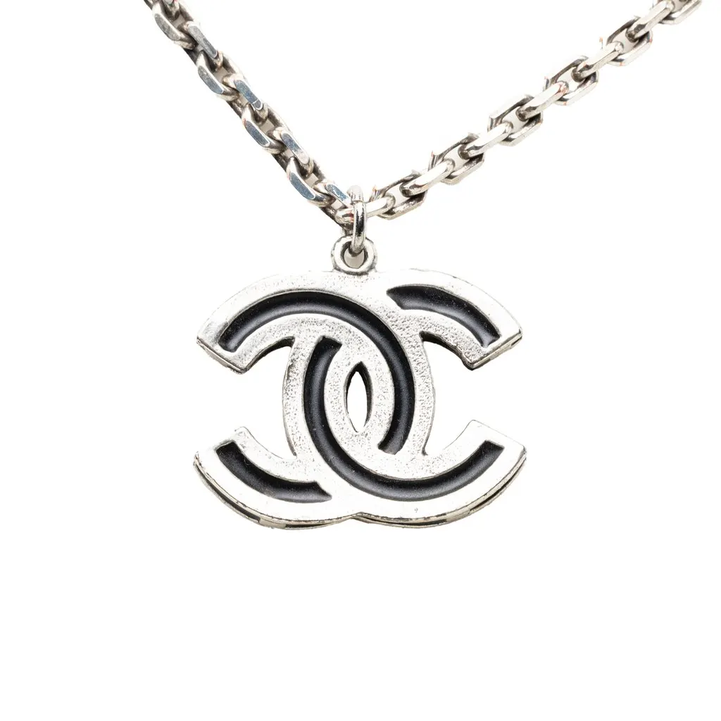 Chanel CC Brass Enamel Pendant Necklace Silver Metal Very good - Back View