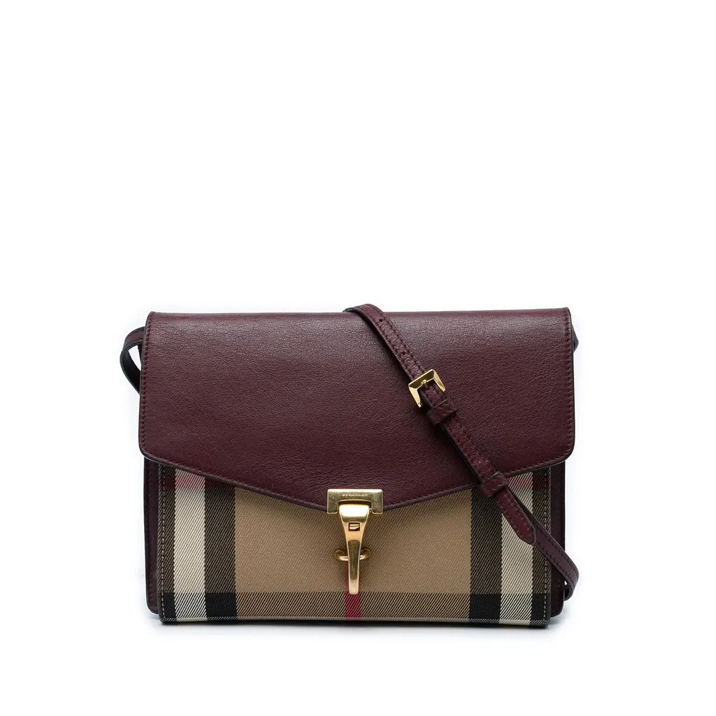 Burberry Small Leather and House Check Canvas Derby Macken Crossbody Red Leather Good - Front View