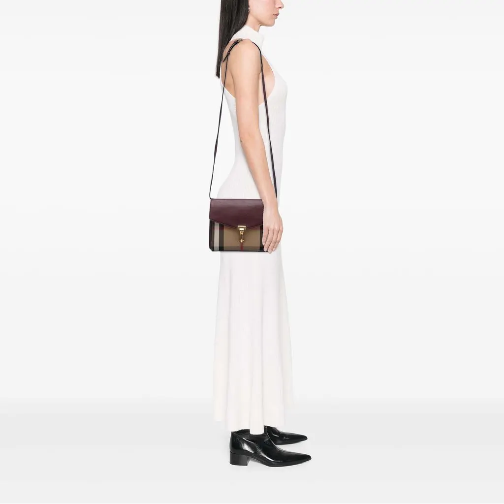 Burberry Small Leather and House Check Canvas Derby Macken Crossbody Red Leather Good - Box View