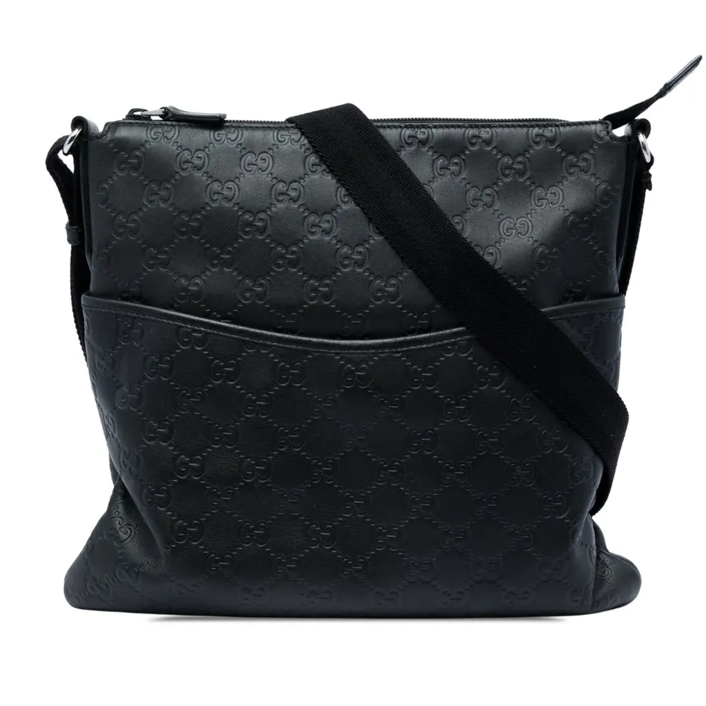 Gucci Guccissima Flat Messenger Bag Black Leather Very good - Front View