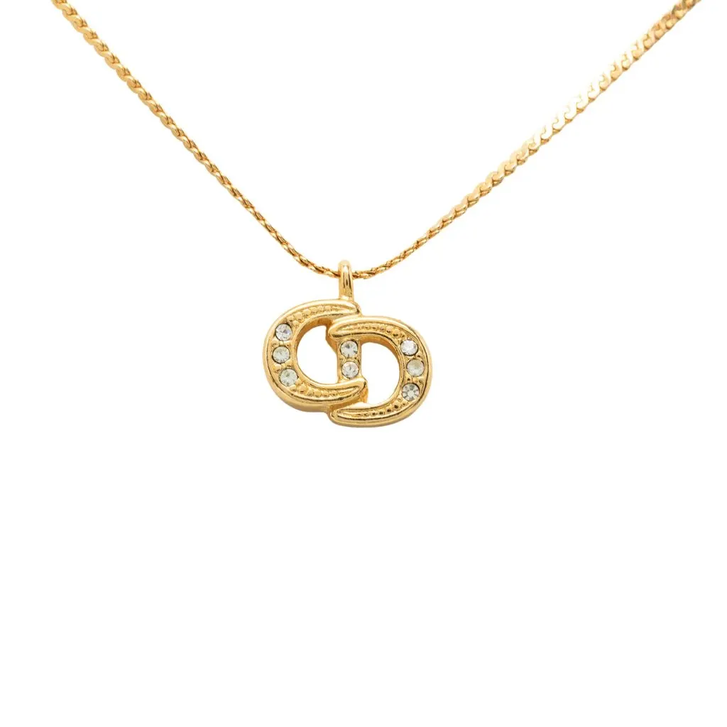 Dior Gold Plated Strass CD Logo Pendant Necklace Gold Metal Very good - Back View