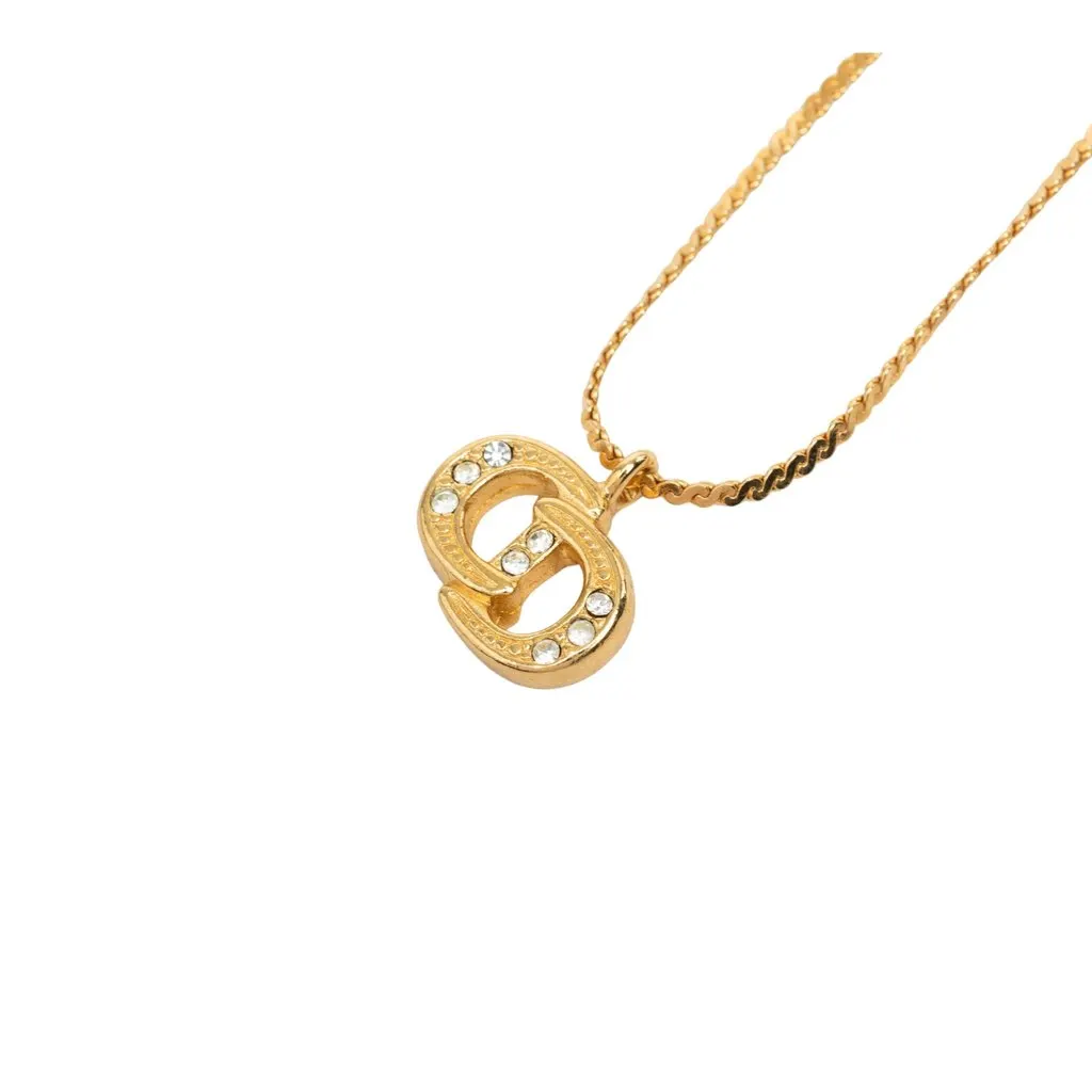 Dior Gold Plated Strass CD Logo Pendant Necklace Gold Metal Very good - Model View