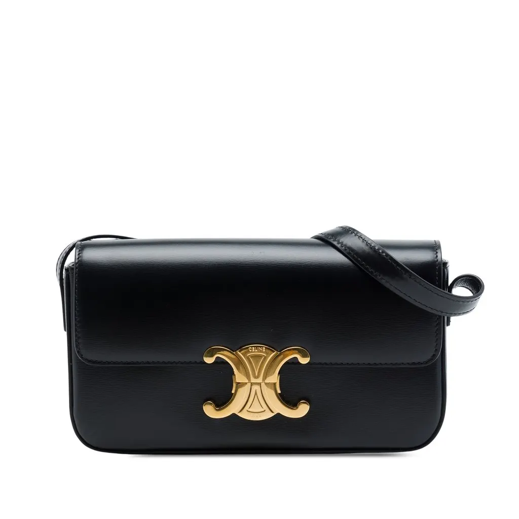 Celine Shiny Calfskin Triomphe Claude Shoulder Bag Black Leather Very good - Front View