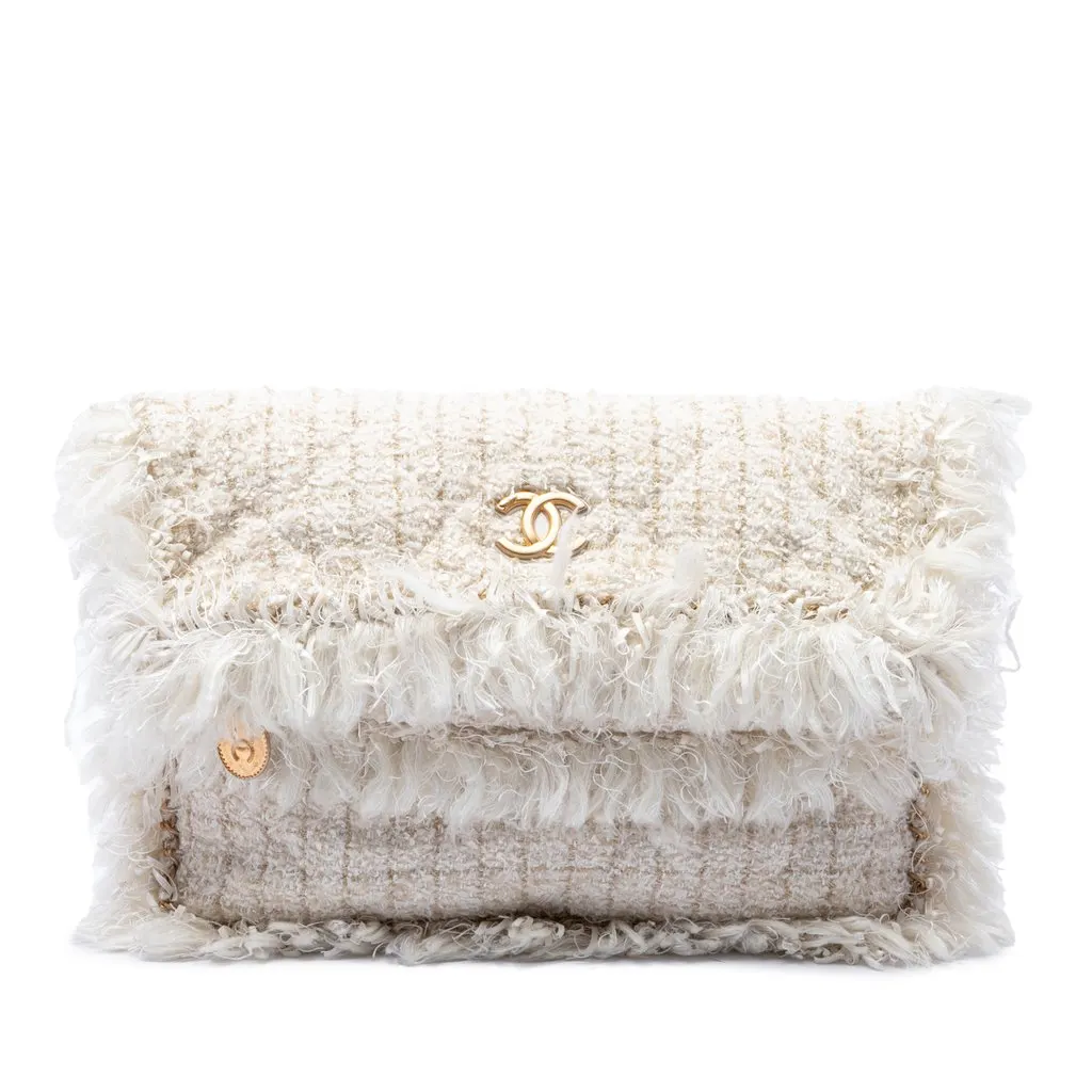 Chanel Paris Cosmopolite Tweed Fringe Clutch Brown Tweed Good - Front View