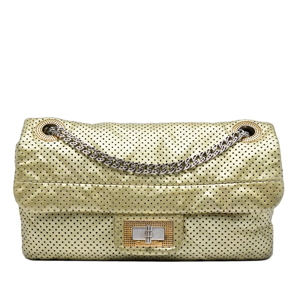 Chanel Metallic Perforated Calfskin Reissue 2.55 Drill Flap Gold Leather Very good - Front View