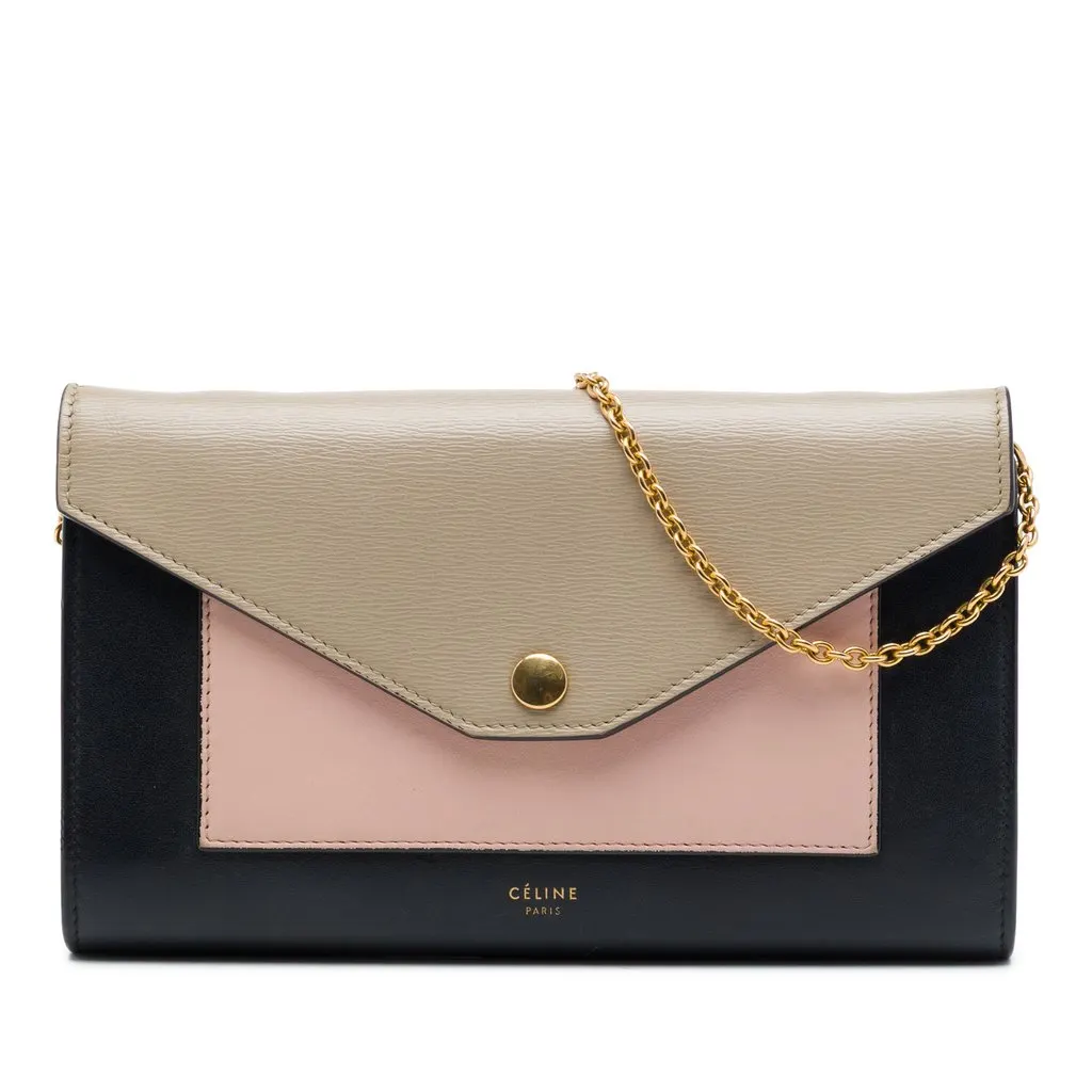 Celine Tricolor Leather Pocket Envelope Wallet On Chain Black Leather Very good - Front View