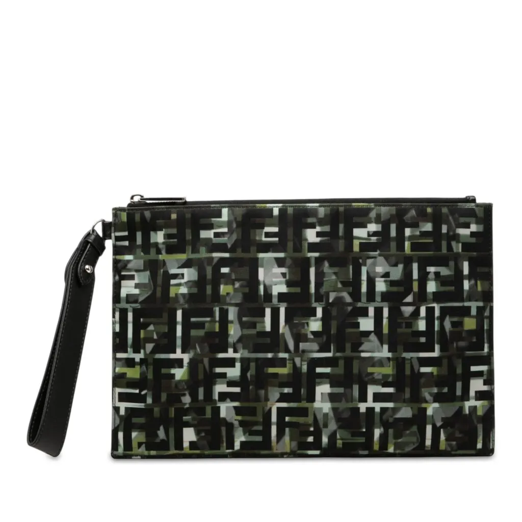Fendi FF 1974 Nylon Camouflage Wristlet Pouch Black Polyamide Good - Front View