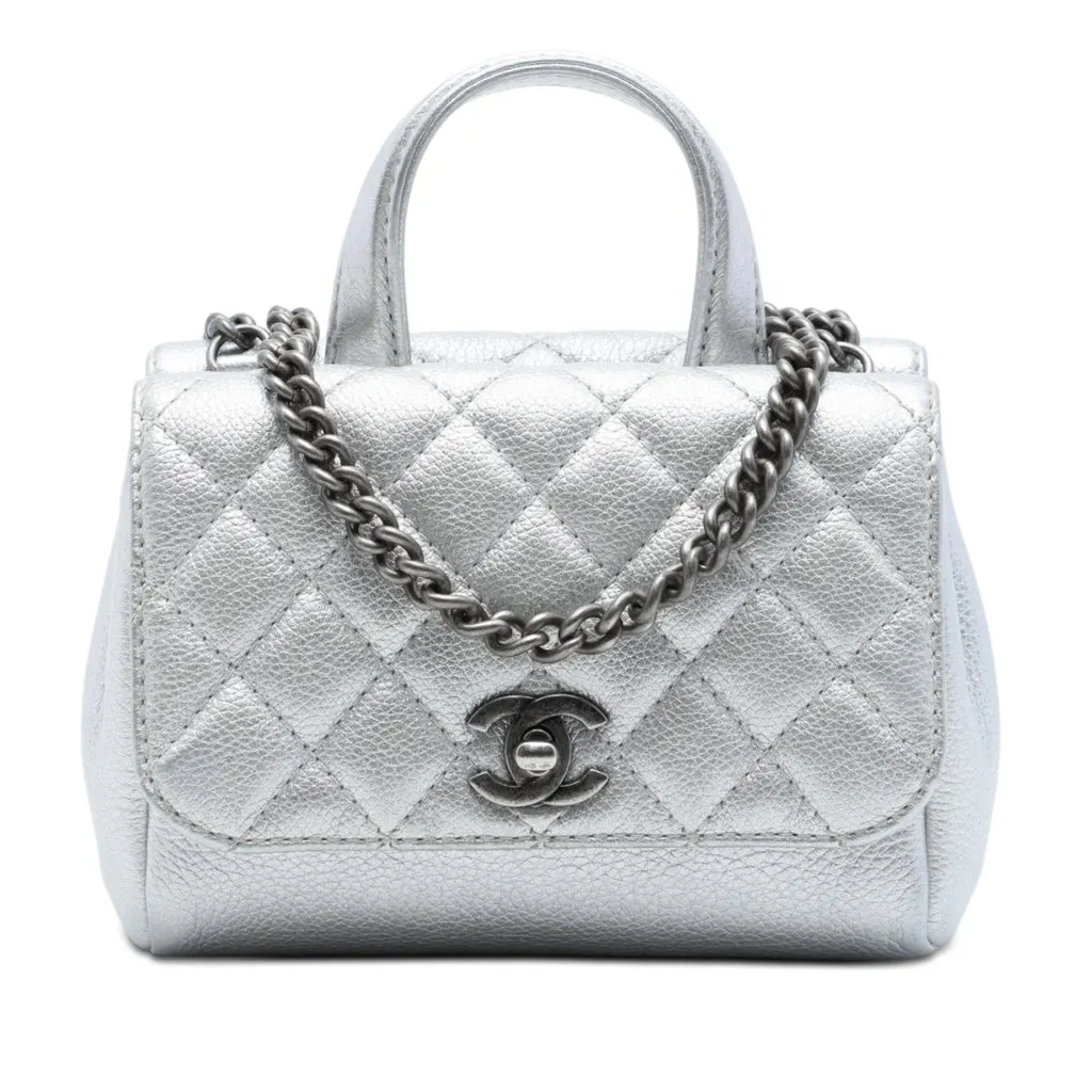 Chanel Metallic Grained Calfskin Pilot Essentials Double Sided Flap Silver Leather Very good - Front View