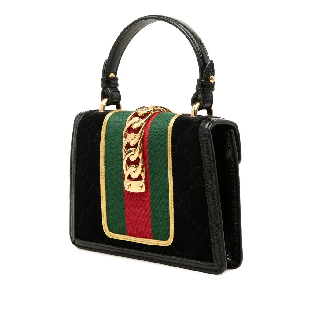 Gucci Mini GG Velvet Web Sylvie Top Handle Bag Black Velvet Very good - Back View
