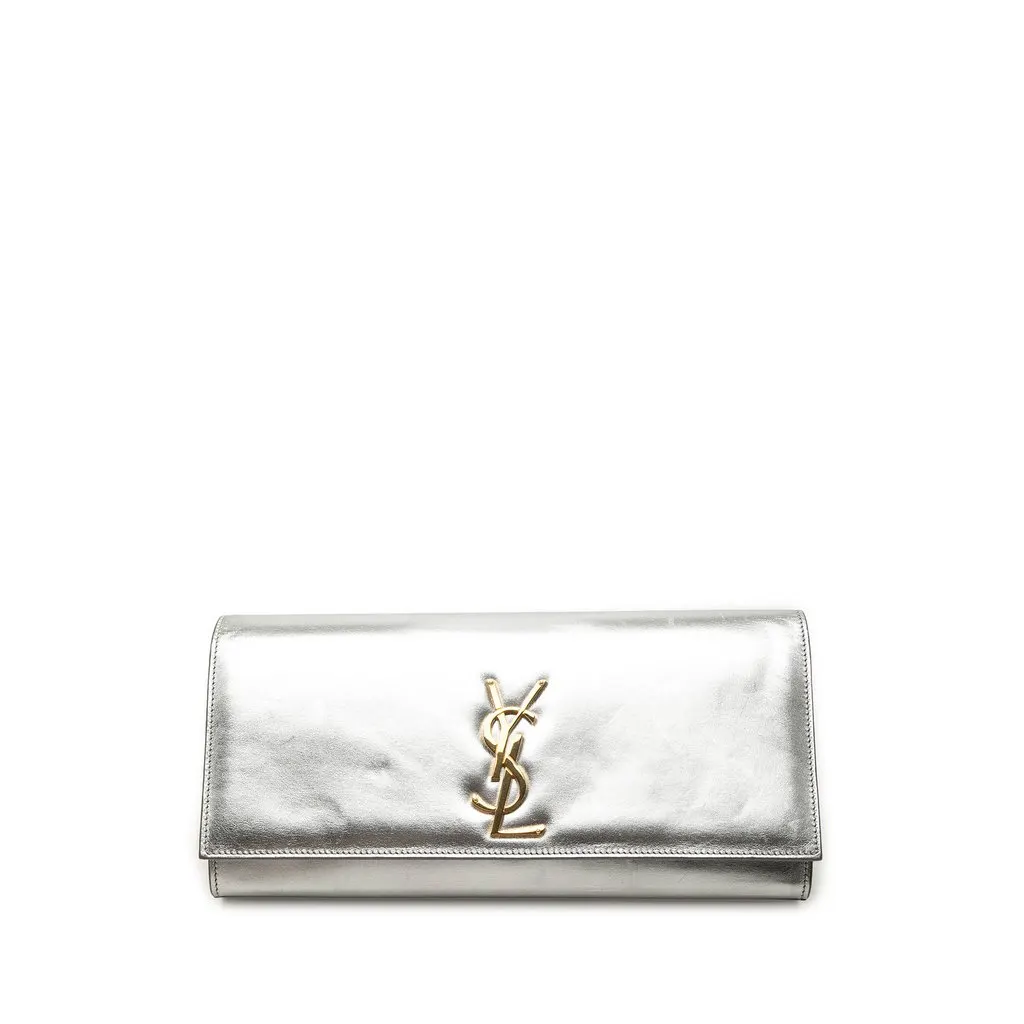 Saint Laurent Metallic Calfskin Cassandre Clutch Silver Leather Very good - Front View