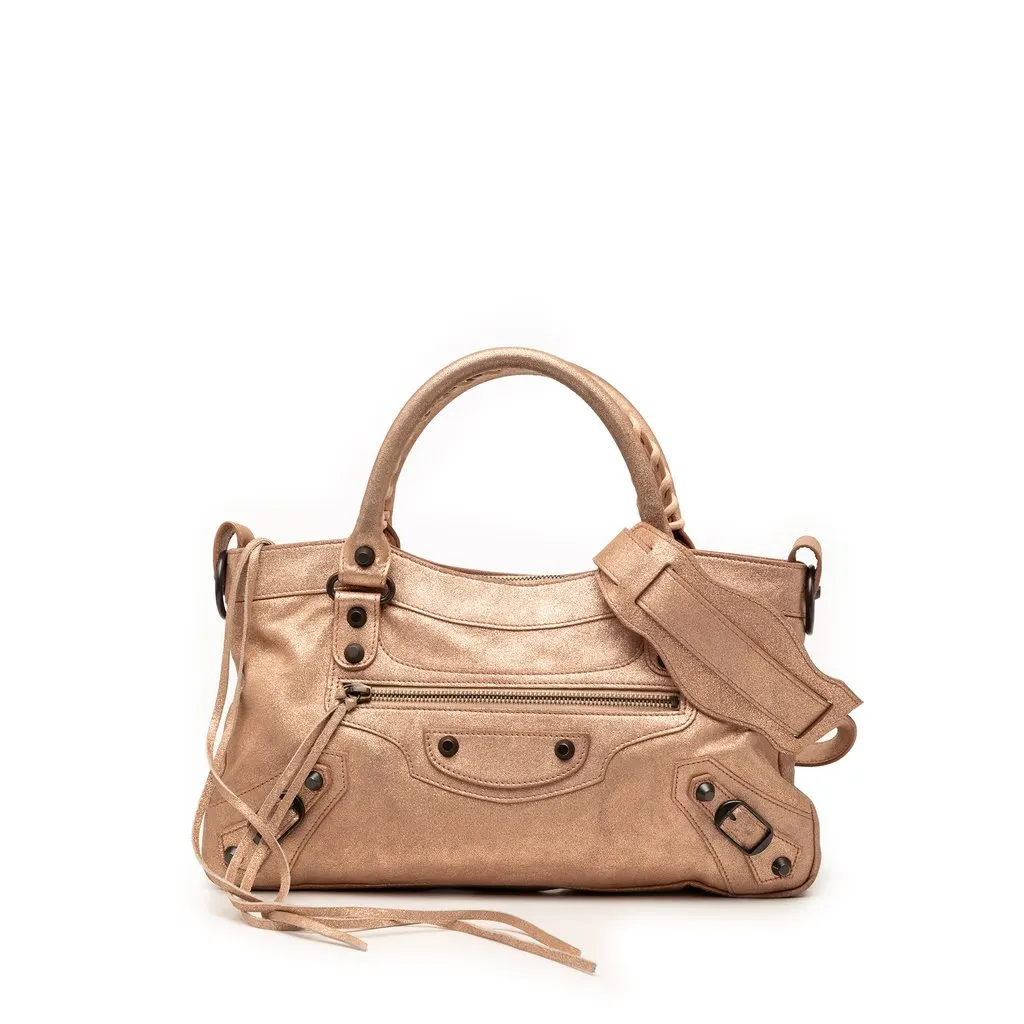 Balenciaga Metallic Craquele Suede Motocross Classic First Satchel Pink Leather Good - Front View