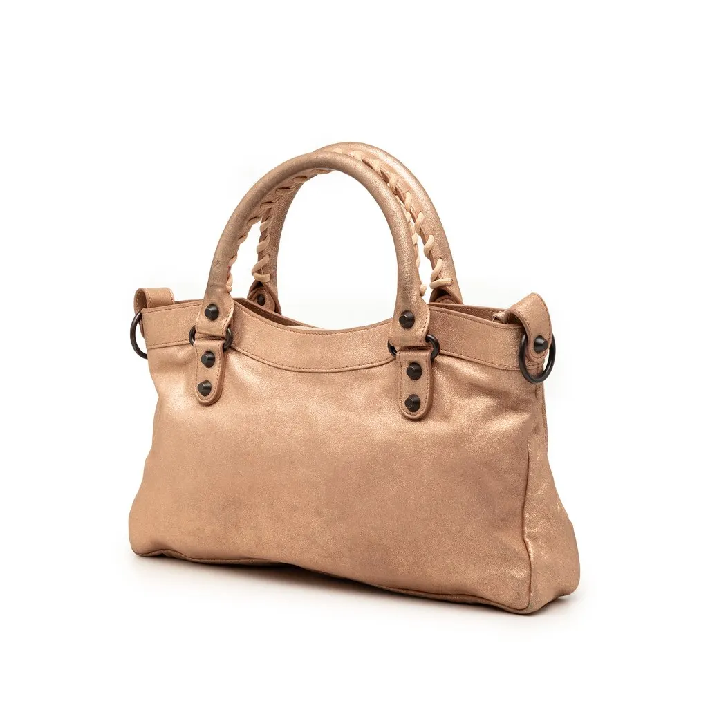 Balenciaga Metallic Craquele Suede Motocross Classic First Satchel Pink Leather Good - Back View
