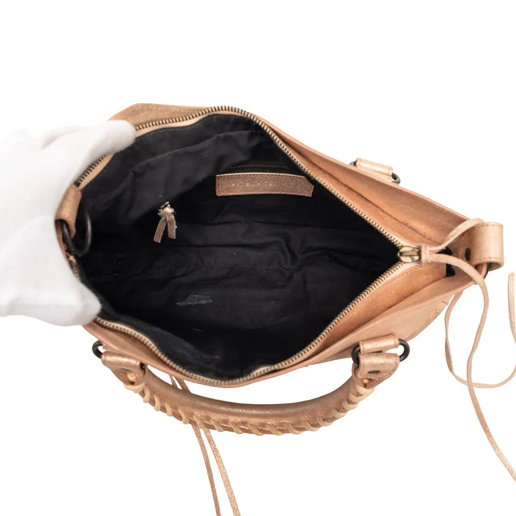Balenciaga Metallic Craquele Suede Motocross Classic First Satchel Pink Leather Good - Model View