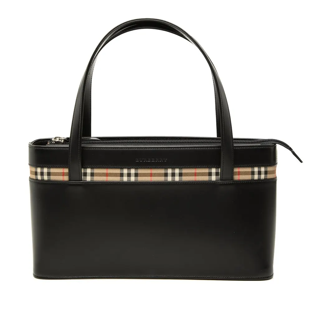 Burberry House Check Canvas Trimmed Leather Handbag Black Leather Very good - Front View
