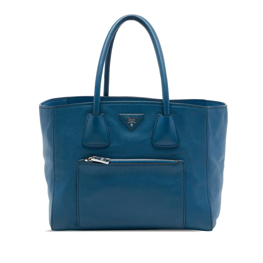 Prada Soft Calf Front Pocket Shopping Tote Blue Leather Very good - Front View
