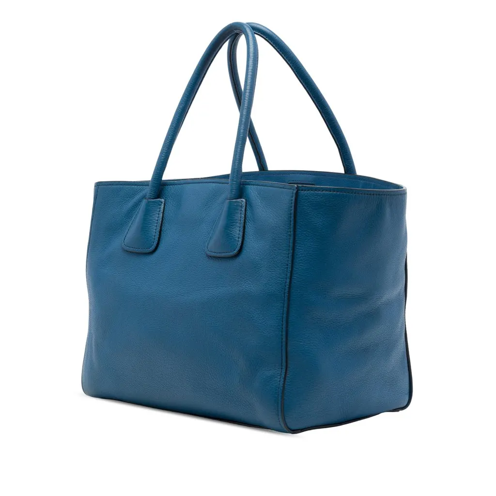 Prada Soft Calf Front Pocket Shopping Tote Blue Leather Very good - Back View
