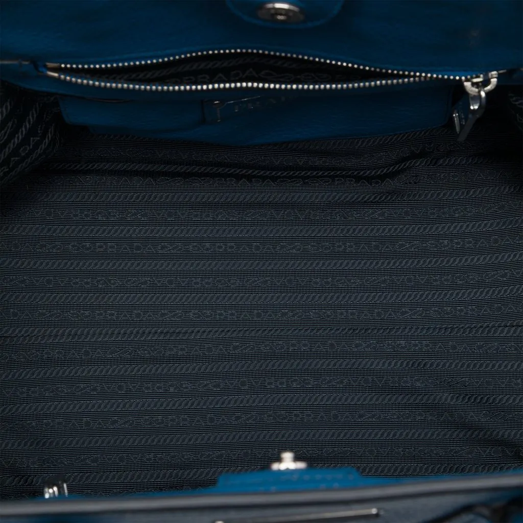 Prada Soft Calf Front Pocket Shopping Tote Blue Leather Very good - Model View