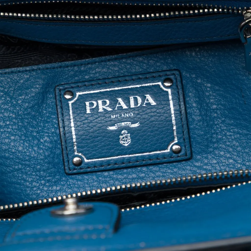 Prada Soft Calf Front Pocket Shopping Tote Blue Leather Very good - Box View