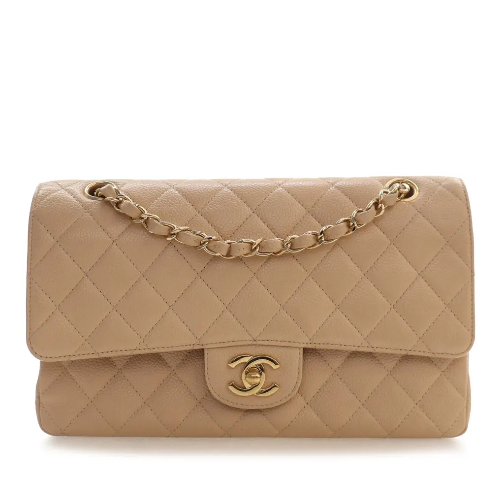 Chanel Medium Classic Caviar Double Flap Beige Leather Very good - Front View