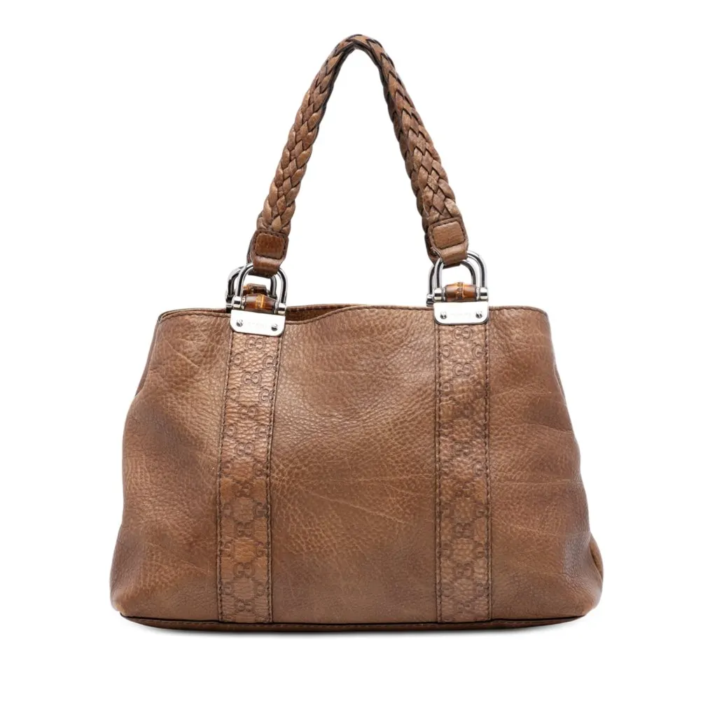 Gucci Medium Guccissima Trimmed Calfskin Bamboo Libeccio Tote Brown Leather Very good - Front View