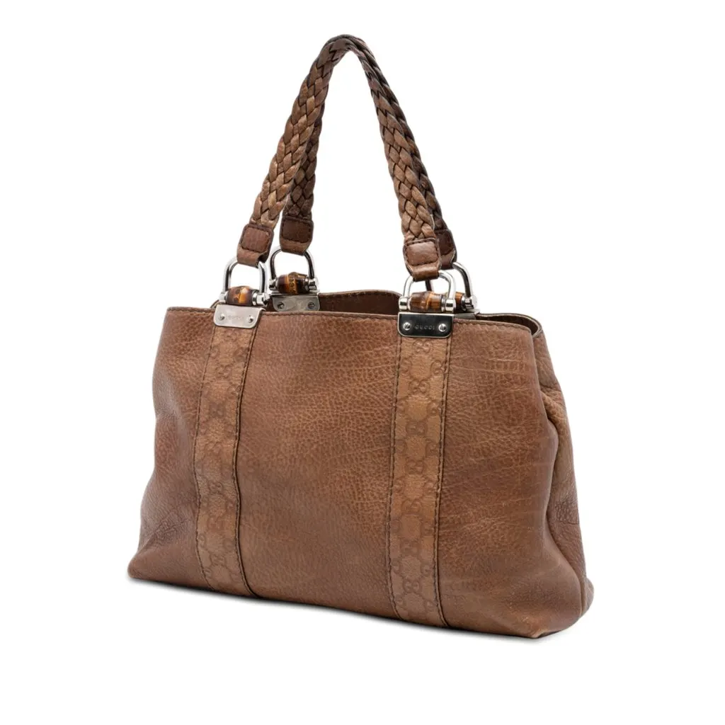 Gucci Medium Guccissima Trimmed Calfskin Bamboo Libeccio Tote Brown Leather Very good - Back View