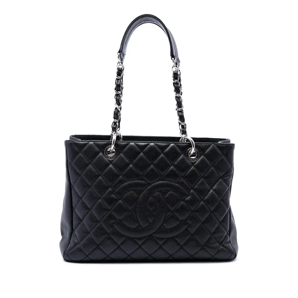 Chanel Caviar Grand Shopping Tote Black Leather Good - Front View