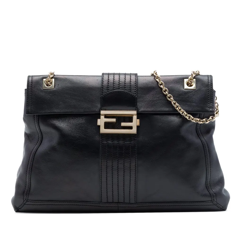 Fendi Leather Maxi Baguette Flap Bag Black Leather Very good - Front View