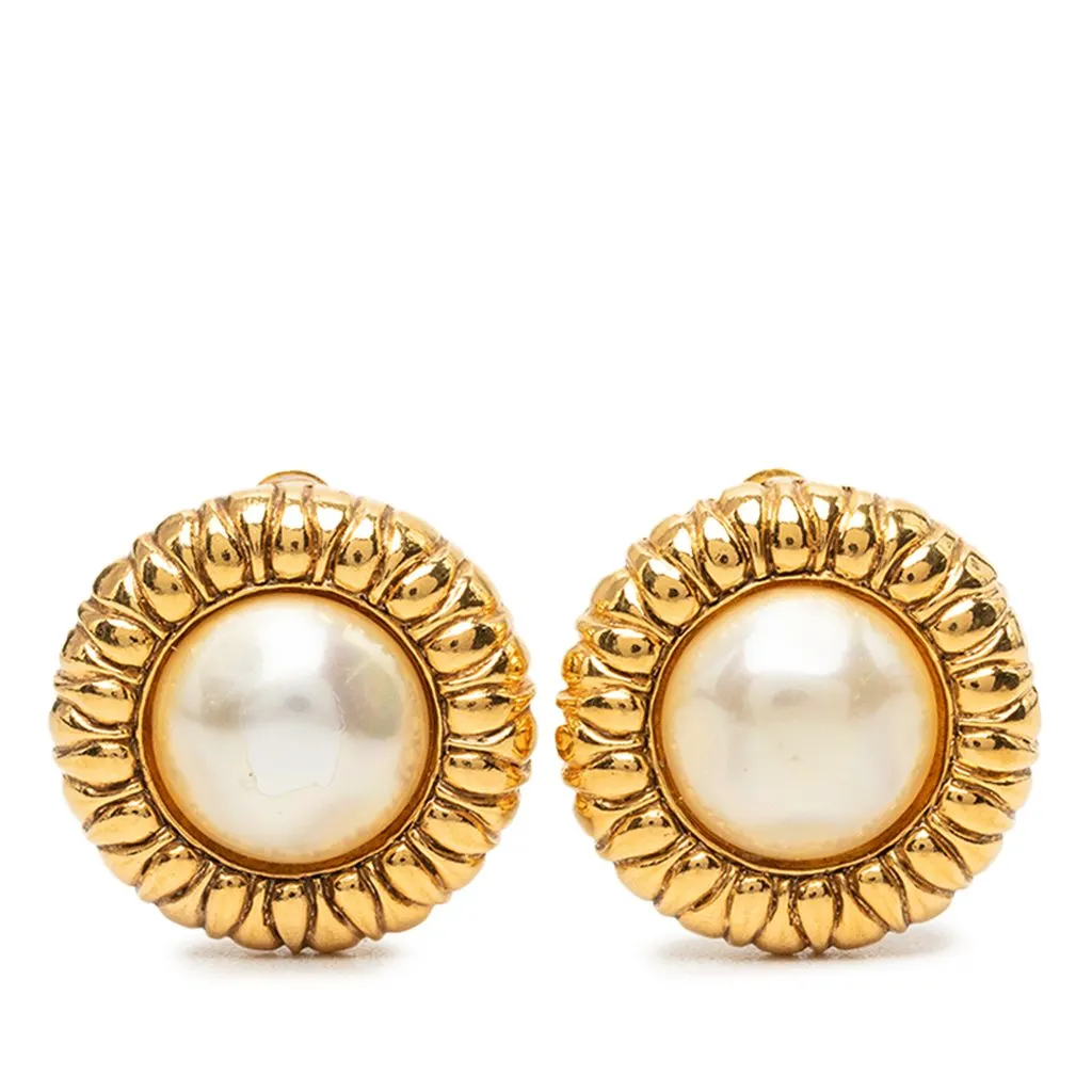 Chanel CC Gold Plated Faux Pearl Clip On Earrings Gold Metal Very good - Front View