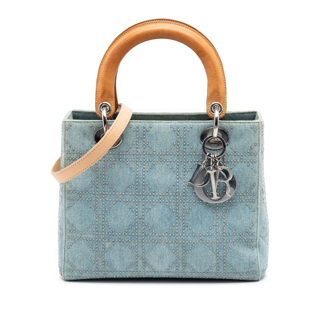 Dior Medium Denim Cannage Studded Lady Dior Blue Good - Front View