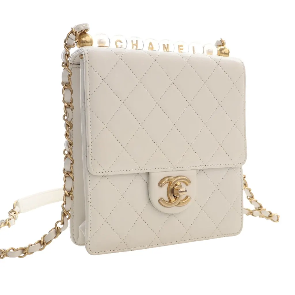 Chanel Small Quilted Lambskin Chic Pearls Flap White Leather Very good - Back View