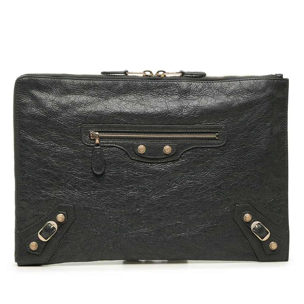 Balenciaga Lambskin Motocross Giant 12 Zip Around Flat Clutch Black Leather Very good - Front View